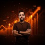 Retrato de Shayne Coplan fundador de Polymarket con gráficos de blockchain y mercados de predicción, simbolizando éxito y multimillonario en startup cripto.