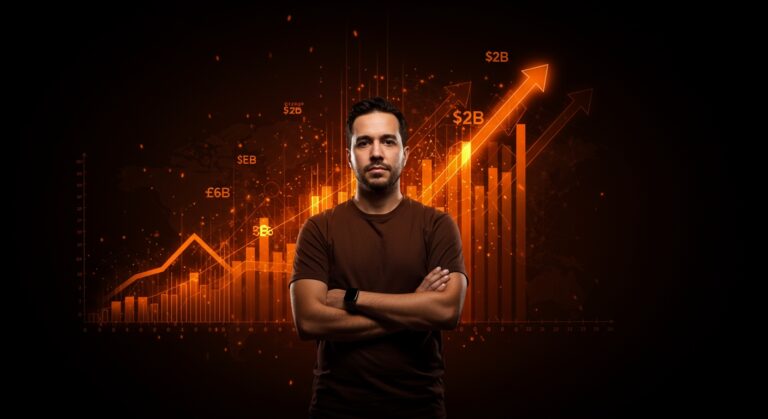 Retrato de Shayne Coplan fundador de Polymarket con gráficos de blockchain y mercados de predicción, simbolizando éxito y multimillonario en startup cripto.