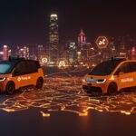 Vehículos autónomos de Pony.ai y WeRide en un mapa digital de Hong Kong representando su listado autorizado y liderazgo en movilidad autónoma.