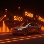 Vehículo eléctrico moderno con precio promedio superior a $50,000 en un entorno futurista, destacando tendencias e innovación en el mercado automotriz estadounidense.