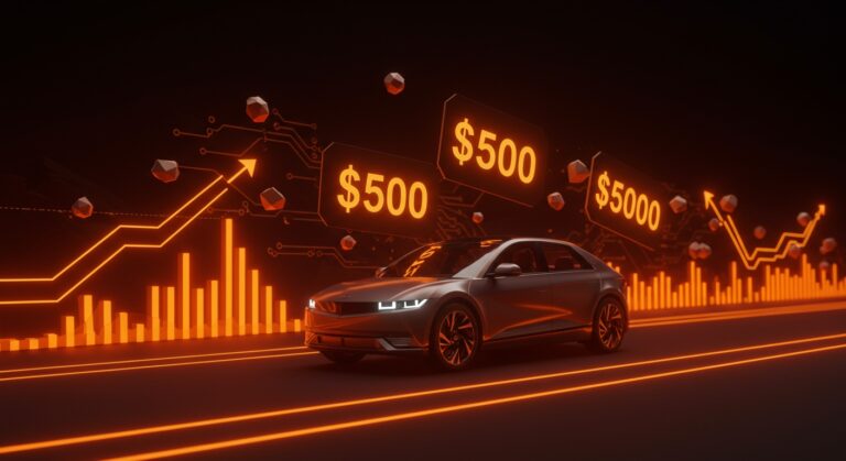 Vehículo eléctrico moderno con precio promedio superior a $50,000 en un entorno futurista, destacando tendencias e innovación en el mercado automotriz estadounidense.