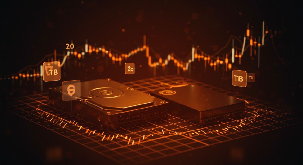 Comparativa visual en 2025 de precios por terabyte entre discos duros y SSDs en almacenamiento empresarial y tendencias de mercado.