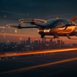 Coche volador eléctrico de Alef Aeronautics en vuelo urbano, representando la innovación en movilidad eléctrica y tecnología eVTOL.
