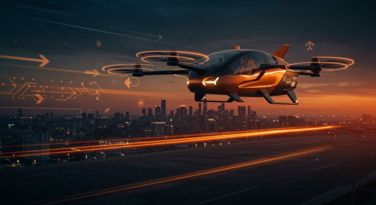 Coche volador eléctrico de Alef Aeronautics en vuelo urbano, representando la innovación en movilidad eléctrica y tecnología eVTOL.