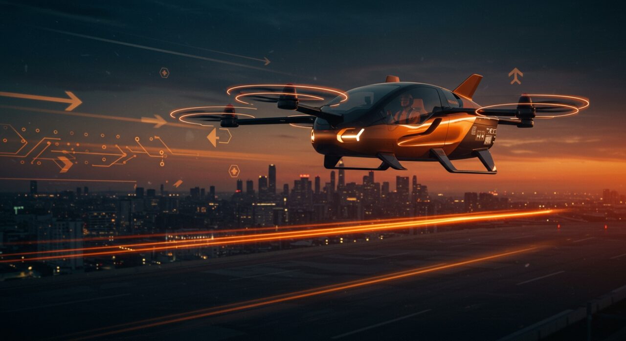 Coche volador eléctrico de Alef Aeronautics en vuelo urbano, representando la innovación en movilidad eléctrica y tecnología eVTOL.