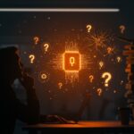 Fundador de startup frente a redes neuronales de inteligencia artificial simbolizando riesgos del cargo cult en la adopción de IA.