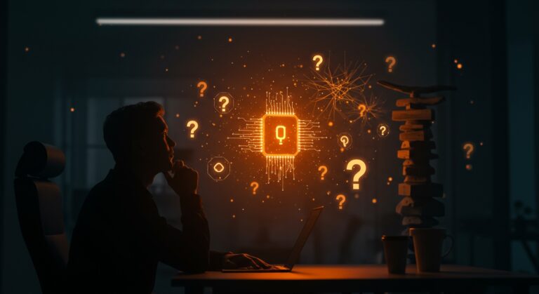 Fundador de startup frente a redes neuronales de inteligencia artificial simbolizando riesgos del cargo cult en la adopción de IA.