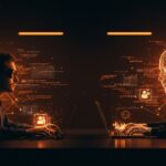Escena visual de un programador enfrentando una IA con código holográfico y redes neuronales, ilustrando la programación con IA y la automatización en el desarrollo de software.