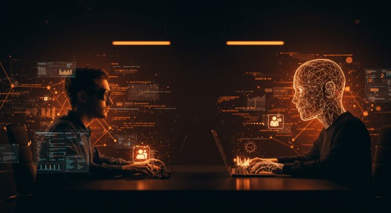 Escena visual de un programador enfrentando una IA con código holográfico y redes neuronales, ilustrando la programación con IA y la automatización en el desarrollo de software.