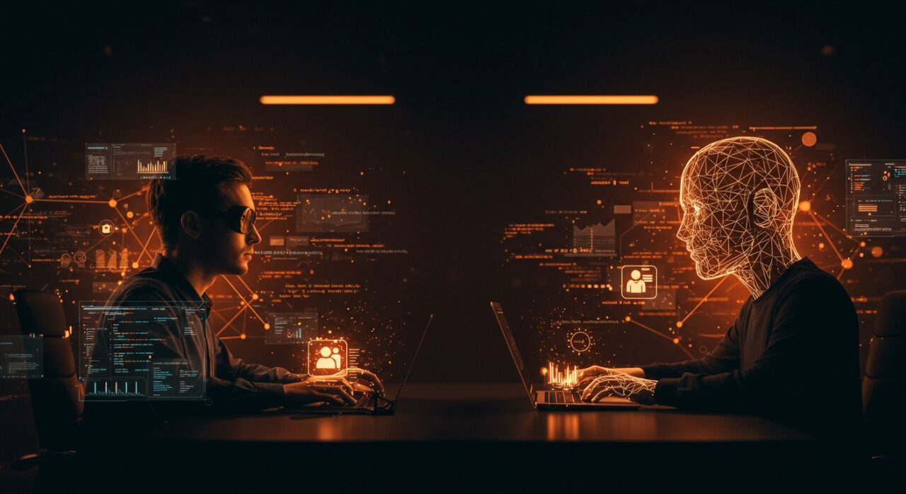 Escena visual de un programador enfrentando una IA con código holográfico y redes neuronales, ilustrando la programación con IA y la automatización en el desarrollo de software.