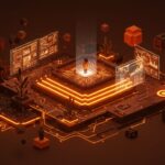 Escena de juego de simulación inmersiva con arte pixel 3D destacando innovación tecnológica en desarrollo de videojuegos y tendencias de mercado startup.