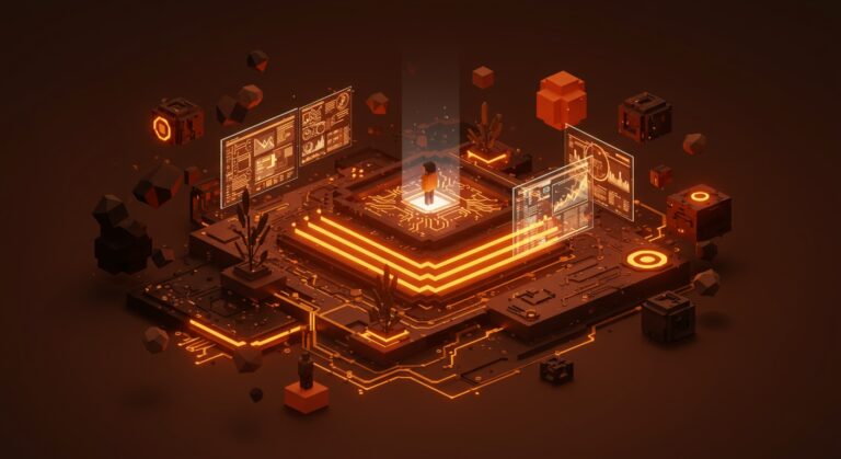 Escena de juego de simulación inmersiva con arte pixel 3D destacando innovación tecnológica en desarrollo de videojuegos y tendencias de mercado startup.