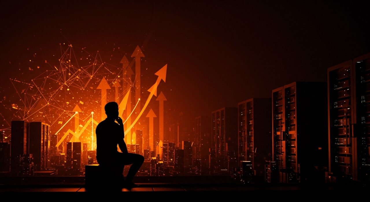 Silhouette of a tech founder contemplating post-AI boom digital market with abstract neural networks and evolving technological infrastructure.