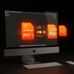 Visualizador QuickDraw para Mac OS X mostrando conversión de archivos PICT a PDF con metáforas de automatización y software open source en paleta naranja y negro.