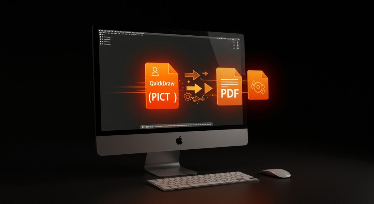 Visualizador QuickDraw para Mac OS X mostrando conversión de archivos PICT a PDF con metáforas de automatización y software open source en paleta naranja y negro.