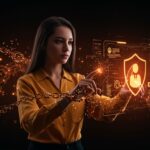 RAMONA IA usando inteligencia artificial para combatir el fraude laboral y la trata de personas en México, mostrando una mujer joven con interfaz digital protectora.