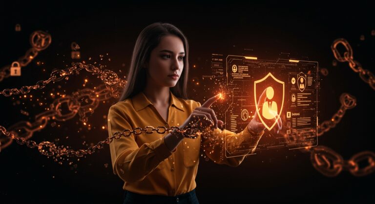 RAMONA IA usando inteligencia artificial para combatir el fraude laboral y la trata de personas en México, mostrando una mujer joven con interfaz digital protectora.