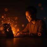 Conexión humana digital y compañía online representadas con tecnología y comunidad en plataforma social de startup innovadora.