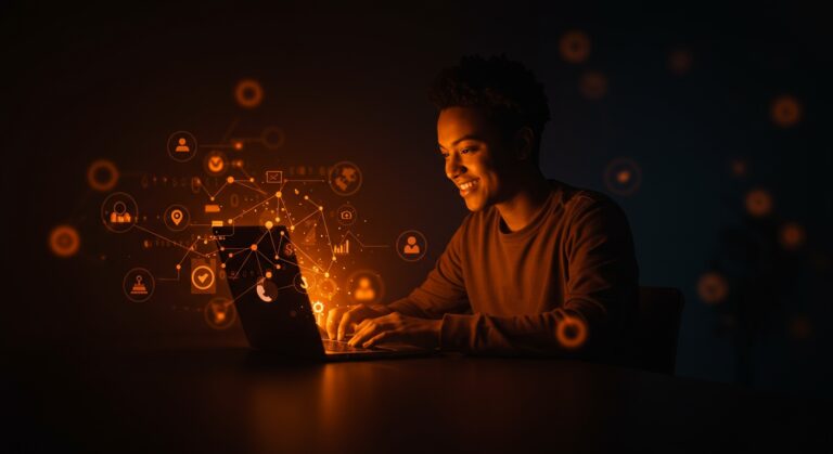 Conexión humana digital y compañía online representadas con tecnología y comunidad en plataforma social de startup innovadora.