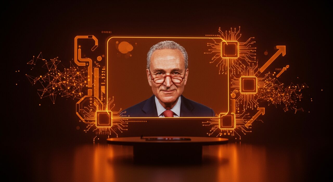 Campaña política con deepfake de Chuck Schumer mostrando el uso de inteligencia artificial en comunicación digital electoral.