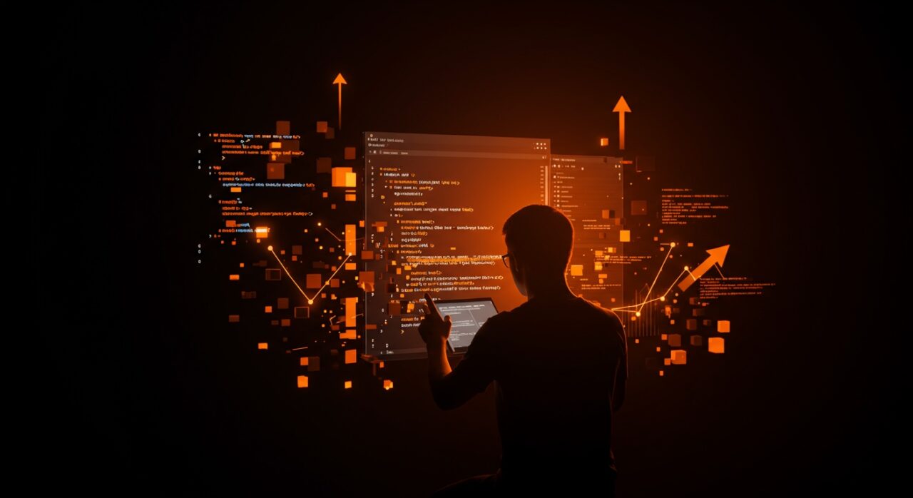 Desarrollador frente a editor de código con resaltado de sintaxis dinámico que ilustra cómo el resaltado tradicional afecta la productividad en programación.