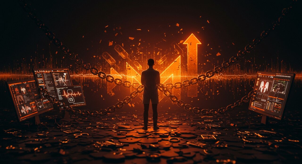 Resistencia tecnológica en salud con un fundador de startup healthtech enfrentando desafíos digitales en el sector sanitario.