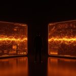 Rishi Sunak como asesor estratégico en inteligencia artificial y tecnología, representado con redes neuronales abstractas y símbolos tecnológicos en colores naranja y negro.