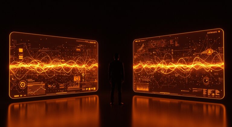 Rishi Sunak como asesor estratégico en inteligencia artificial y tecnología, representado con redes neuronales abstractas y símbolos tecnológicos en colores naranja y negro.