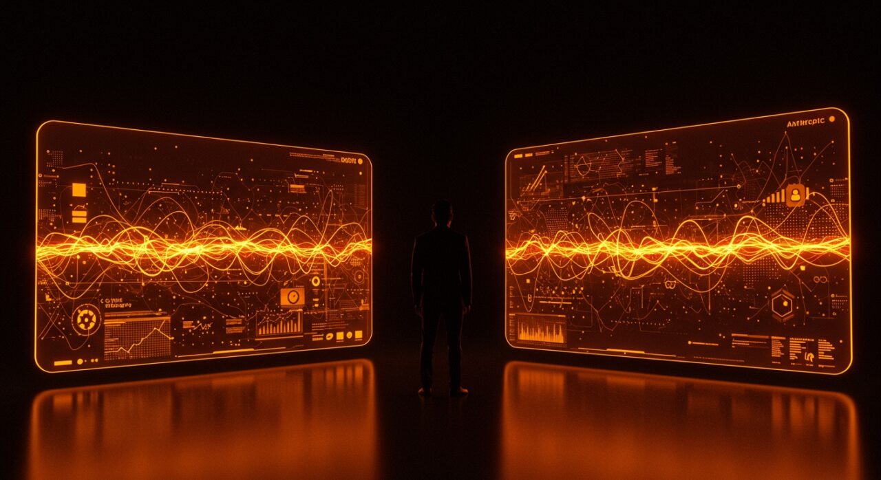 Rishi Sunak como asesor estratégico en inteligencia artificial y tecnología, representado con redes neuronales abstractas y símbolos tecnológicos en colores naranja y negro.