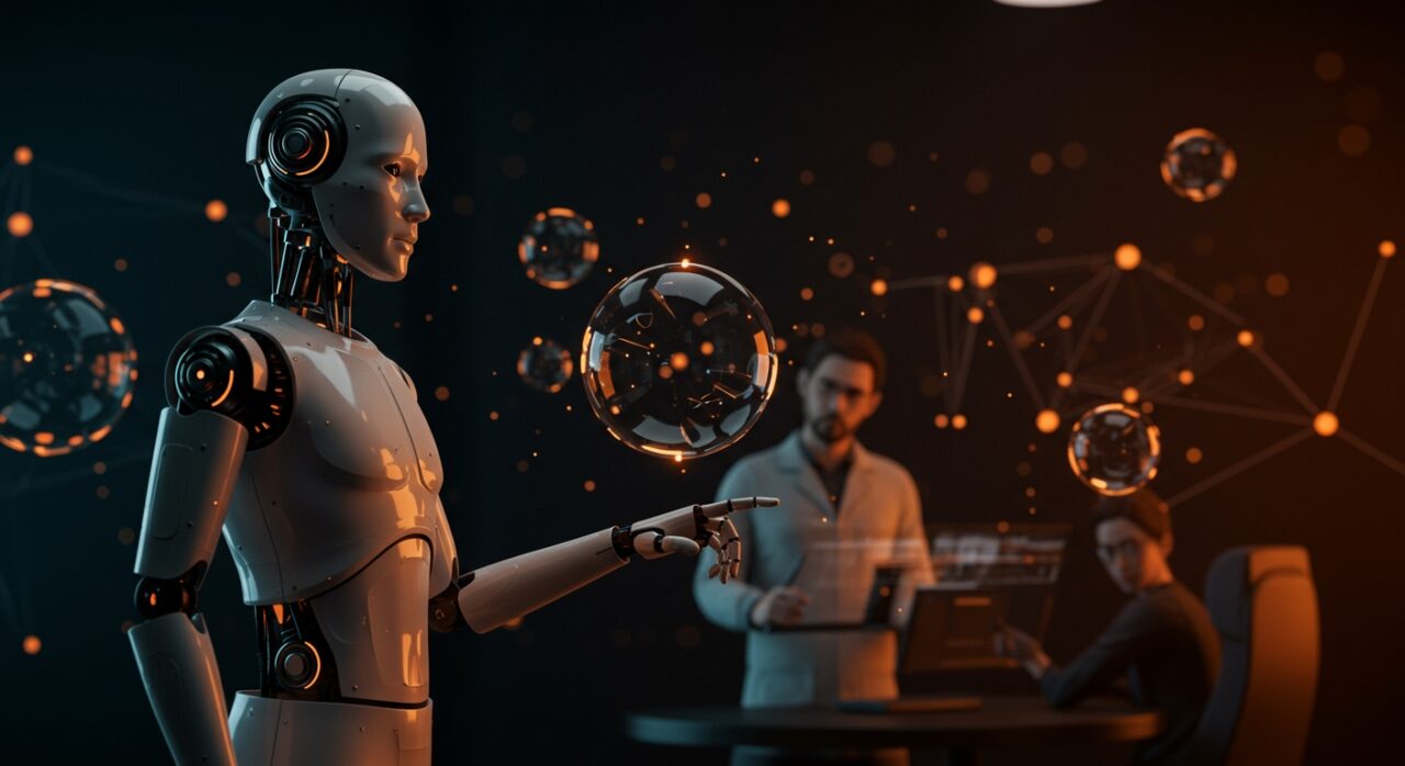 Robot humanoide en un espacio futurista con un experto en robótica observando, ilustrando la burbuja y la falta de preparación del mercado en startups de robótica.