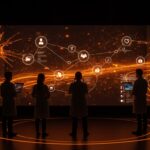 Tres expertos en tecnología y medicina con interfaz digital de IA para citas médicas inspirada en control aéreo, innovación en salud digital y automatización.