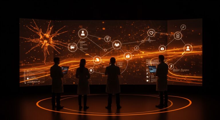 Tres expertos en tecnología y medicina con interfaz digital de IA para citas médicas inspirada en control aéreo, innovación en salud digital y automatización.