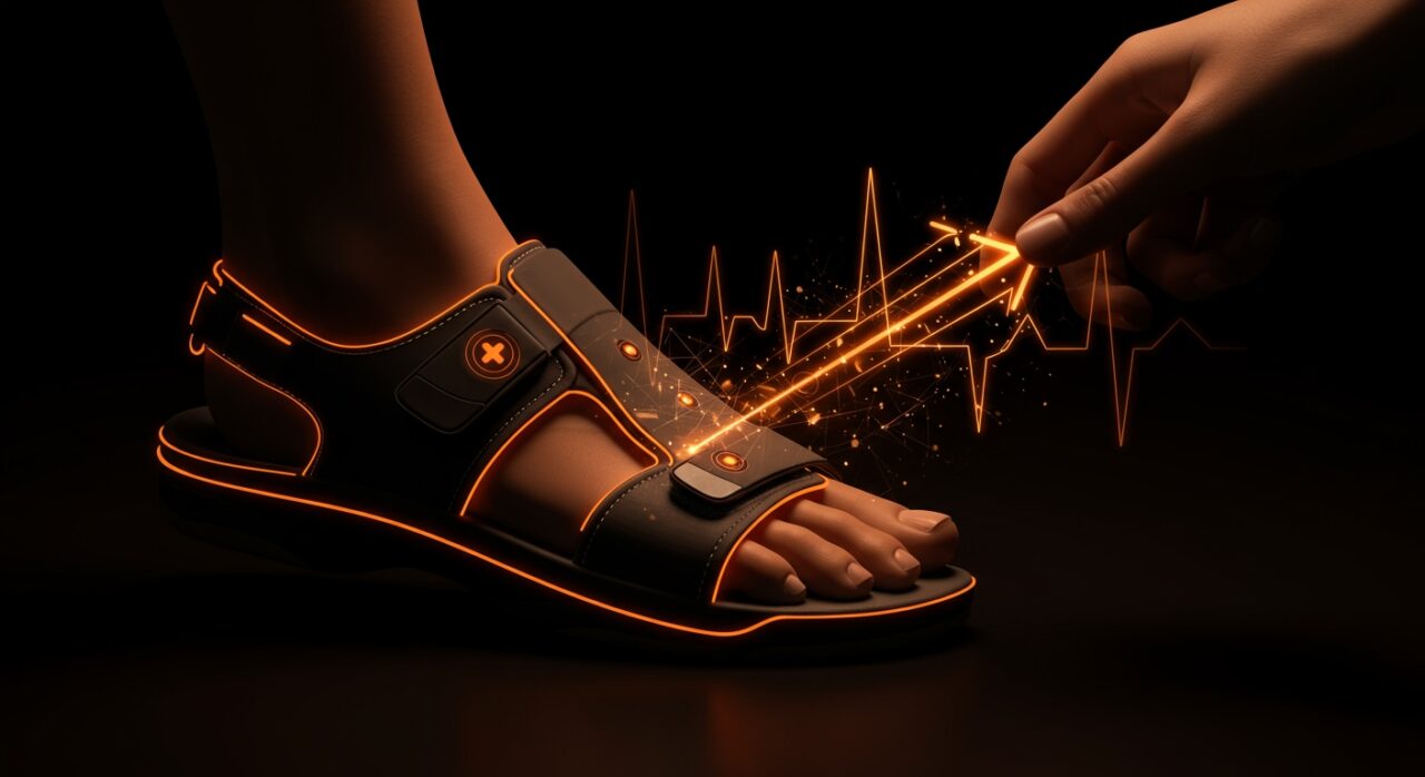 Sandalia inteligente SensorixFoot con sensores vibratorios para prevención del pie diabético y monitoreo en tiempo real en tecnología médica healthtech.