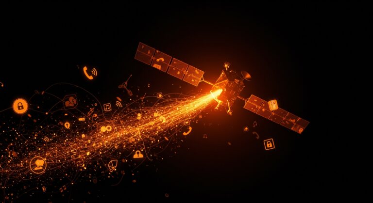 Satélite transmitiendo datos sensibles sin encriptar con iconos de comunicaciones militares y telefónicas, ilustrando riesgos de seguridad satelital y ciberseguridad.