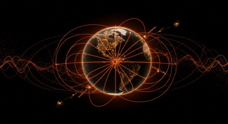 Debilitamiento del campo magnético terrestre ilustrado con satélites Swarm y la expansión de la Anomalía del Atlántico Sur en un contexto tecnológico espacial.