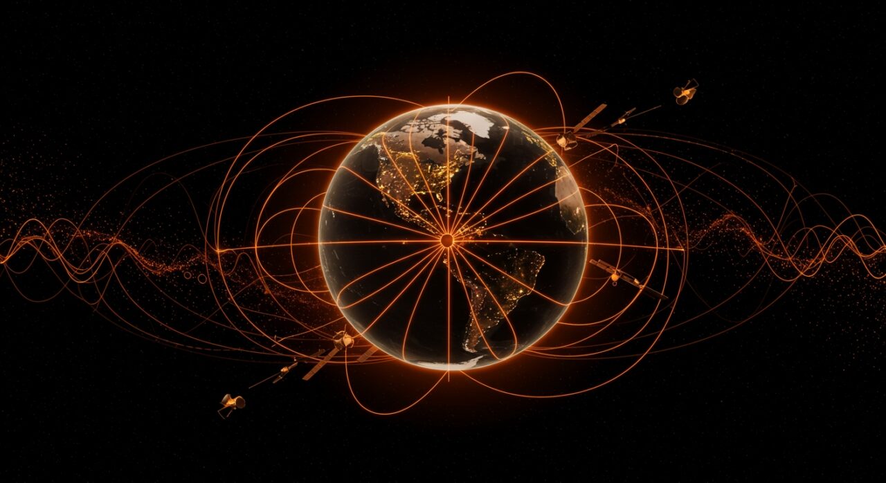 Debilitamiento del campo magnético terrestre ilustrado con satélites Swarm y la expansión de la Anomalía del Atlántico Sur en un contexto tecnológico espacial.