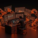 Fundador de startup gestionando infraestructura self-hosting con Docker y Ansible en un entorno tecnológico avanzado en paleta naranja y negro.