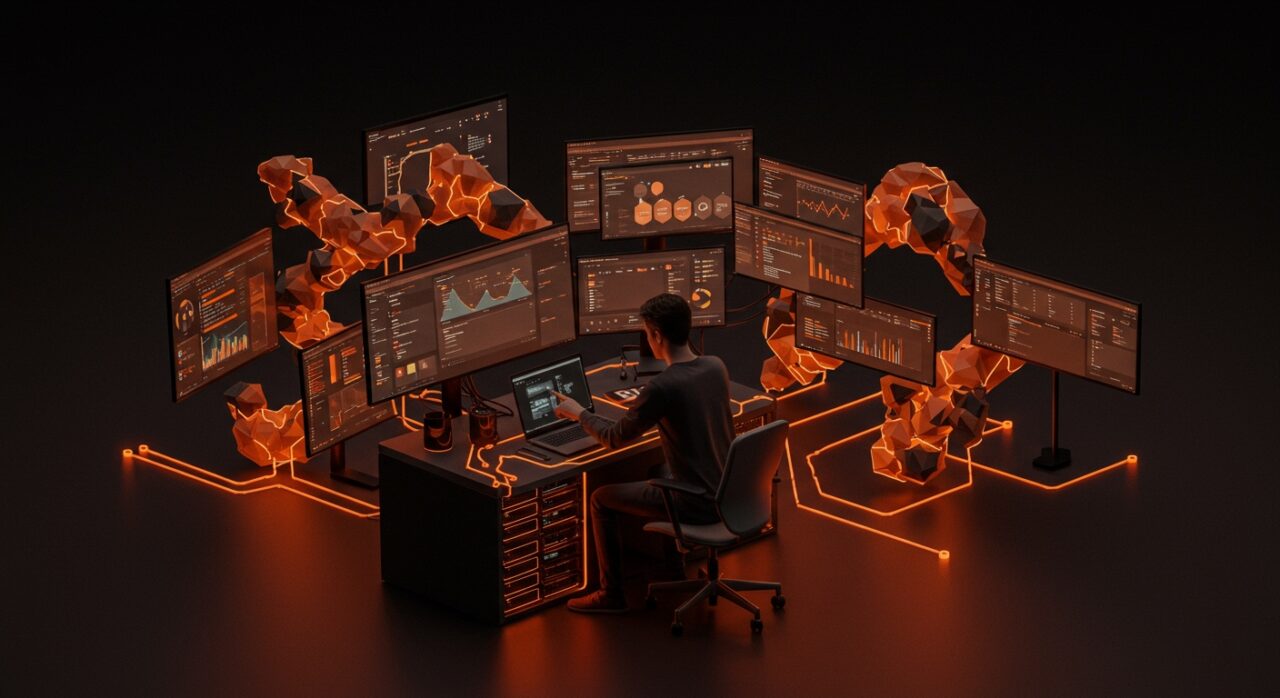 Fundador de startup gestionando infraestructura self-hosting con Docker y Ansible en un entorno tecnológico avanzado en paleta naranja y negro.