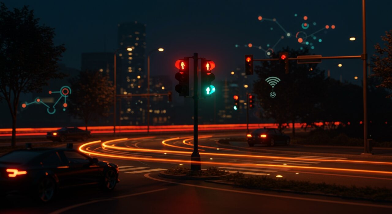 Semáforo con luz blanca innovadora en ciudad inteligente optimizando movilidad urbana y vehículos autónomos.
