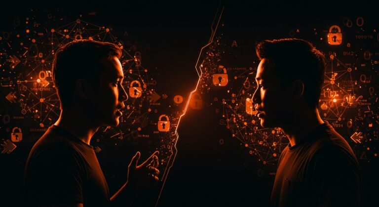 Debate visual entre David Sacks y Jason Kwon sobre la seguridad y regulación de la IA en Silicon Valley con metáforas digitales de redes neuronales y seguridad.