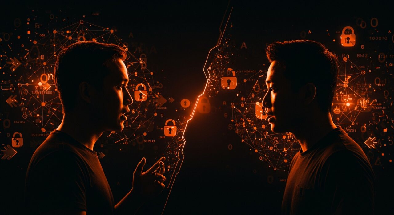 Debate visual entre David Sacks y Jason Kwon sobre la seguridad y regulación de la IA en Silicon Valley con metáforas digitales de redes neuronales y seguridad.