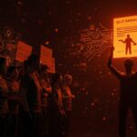 Trabajadores de Electronic Arts protestando contra la adquisición privada histórica de $55 mil millones liderada por PIF Arabia Saudita en la industria de videojuegos.