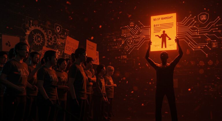 Trabajadores de Electronic Arts protestando contra la adquisición privada histórica de $55 mil millones liderada por PIF Arabia Saudita en la industria de videojuegos.