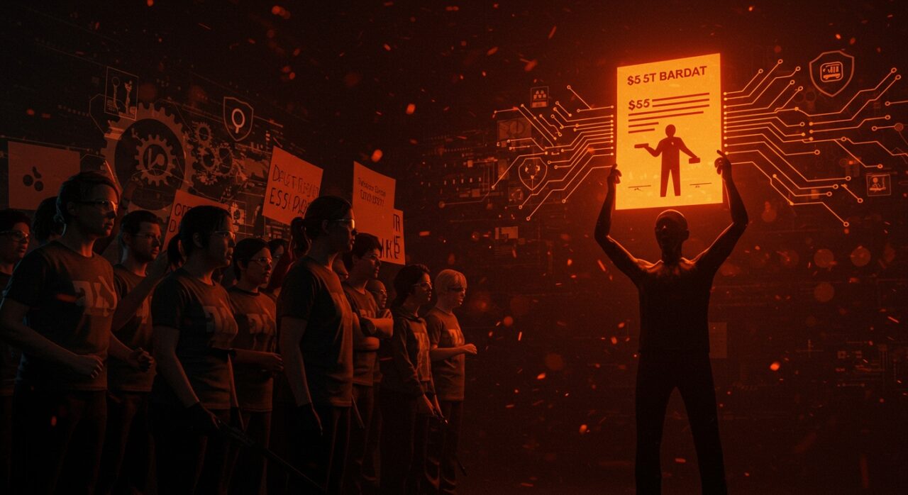 Trabajadores de Electronic Arts protestando contra la adquisición privada histórica de $55 mil millones liderada por PIF Arabia Saudita en la industria de videojuegos.