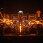 Automatización web con IA de Skyvern mostrando código generado automáticamente y scrapers inteligentes en un entorno futurista.