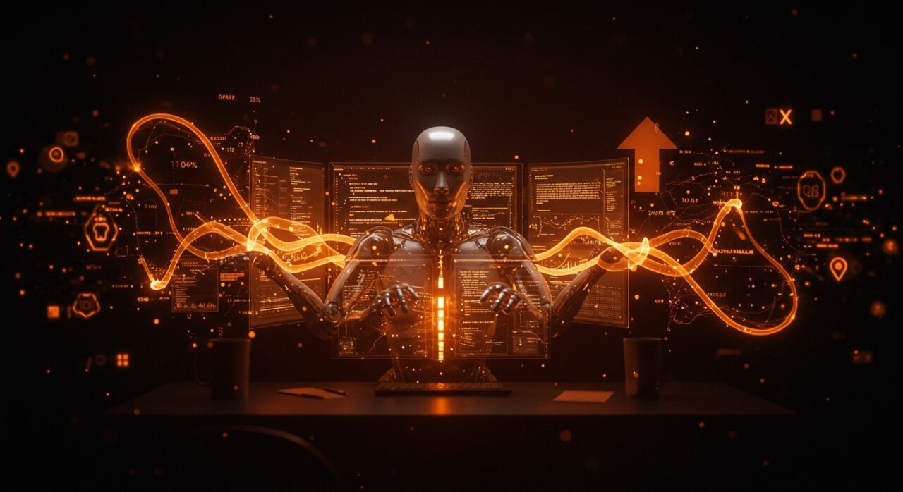 Automatización web con IA de Skyvern mostrando código generado automáticamente y scrapers inteligentes en un entorno futurista.