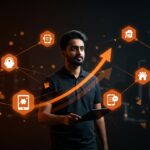 Fundador de startup india confiado rodeado de iconos digitales de servicios domésticos, simbolizando el crecimiento y la financiación en el sector de house-help.