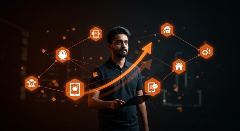 Fundador de startup india confiado rodeado de iconos digitales de servicios domésticos, simbolizando el crecimiento y la financiación en el sector de house-help.