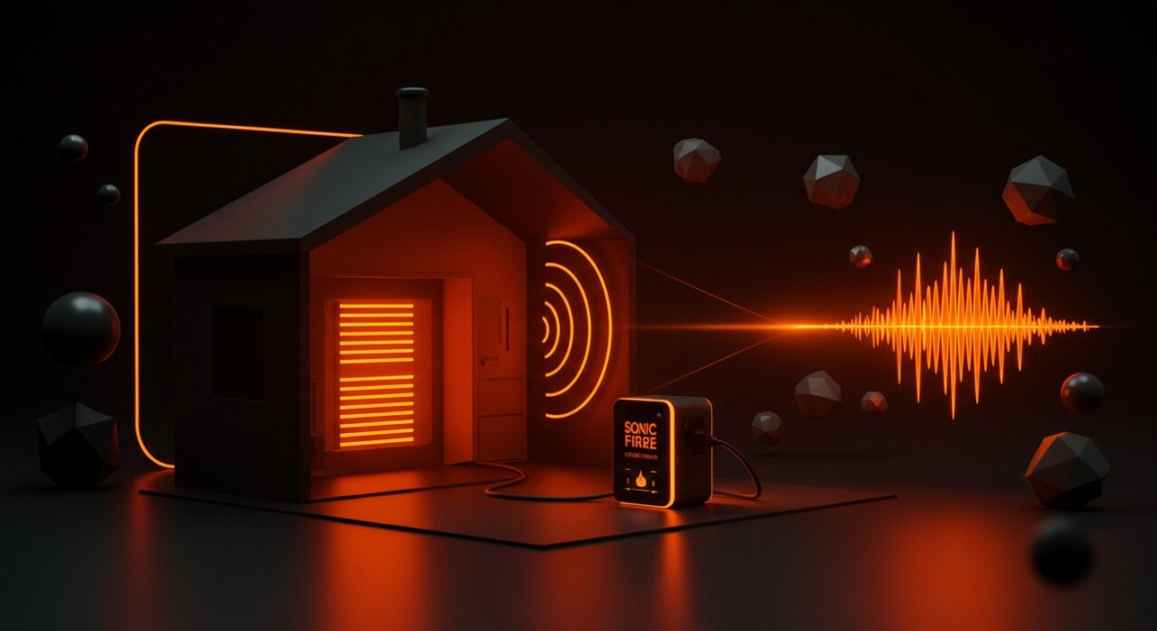 Tecnología emergente Sonic Fire Tech usando ondas acústicas inaudibles para defensa contra incendios sin químicos, innovación ambiental en protección hogar.