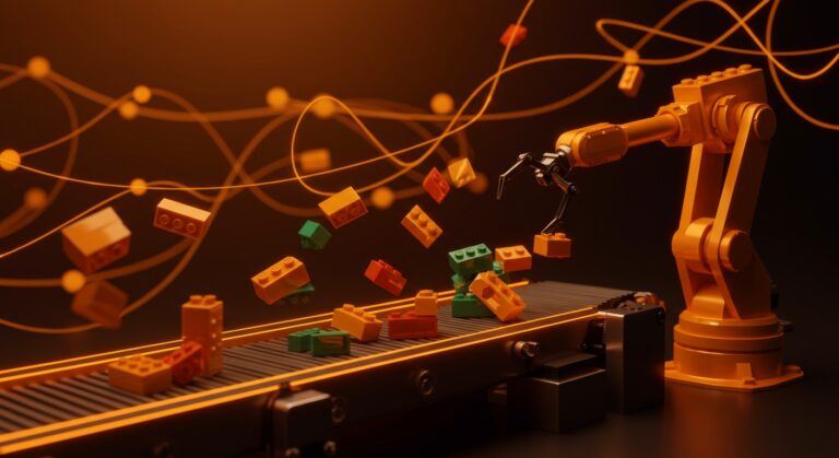 Inteligencia artificial automatizando la clasificación de piezas LEGO, destacando innovación y eficiencia en startups tecnológicas.